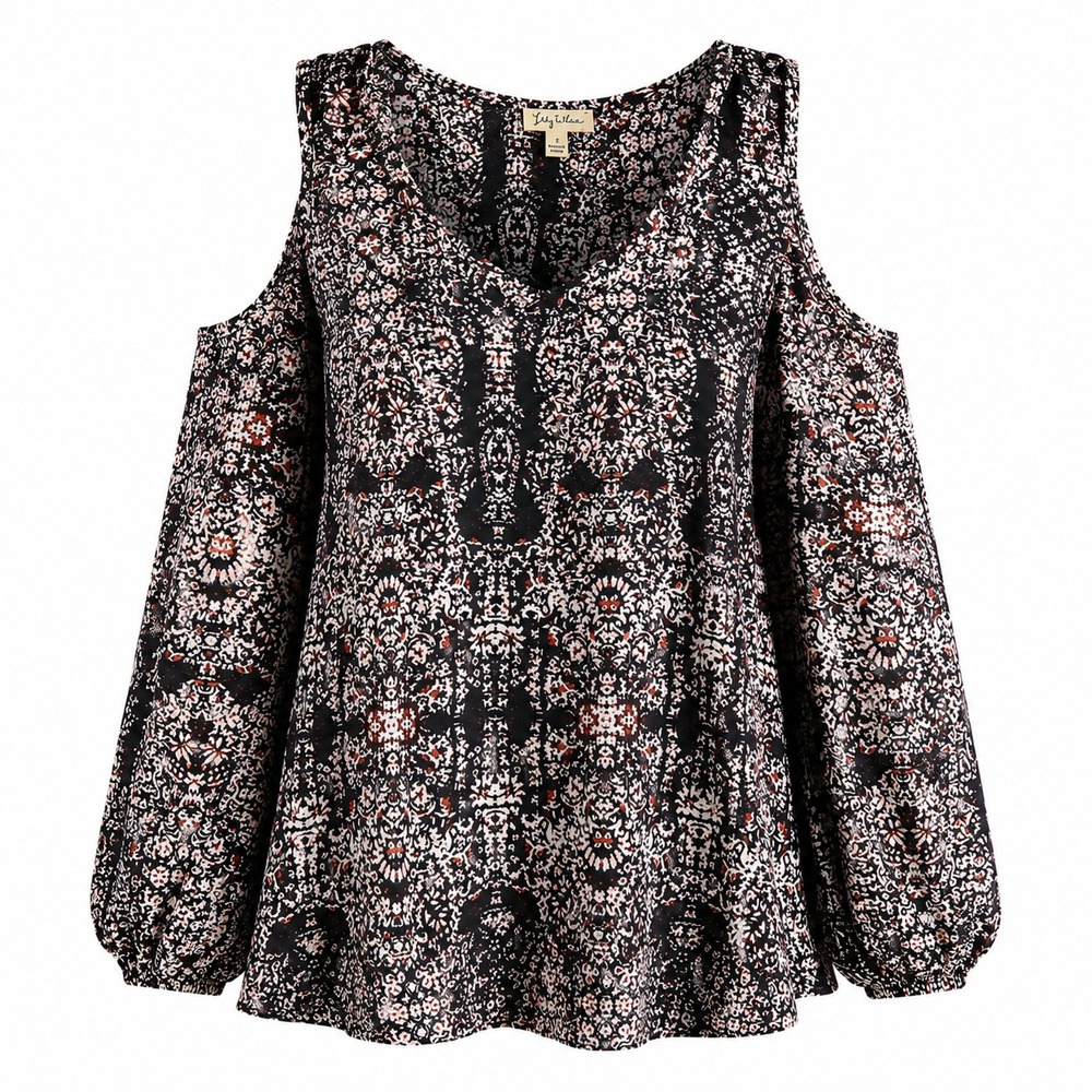 Lily White Cold Shoulder Blouse Womens Small Black Orange Damask Print Flowy